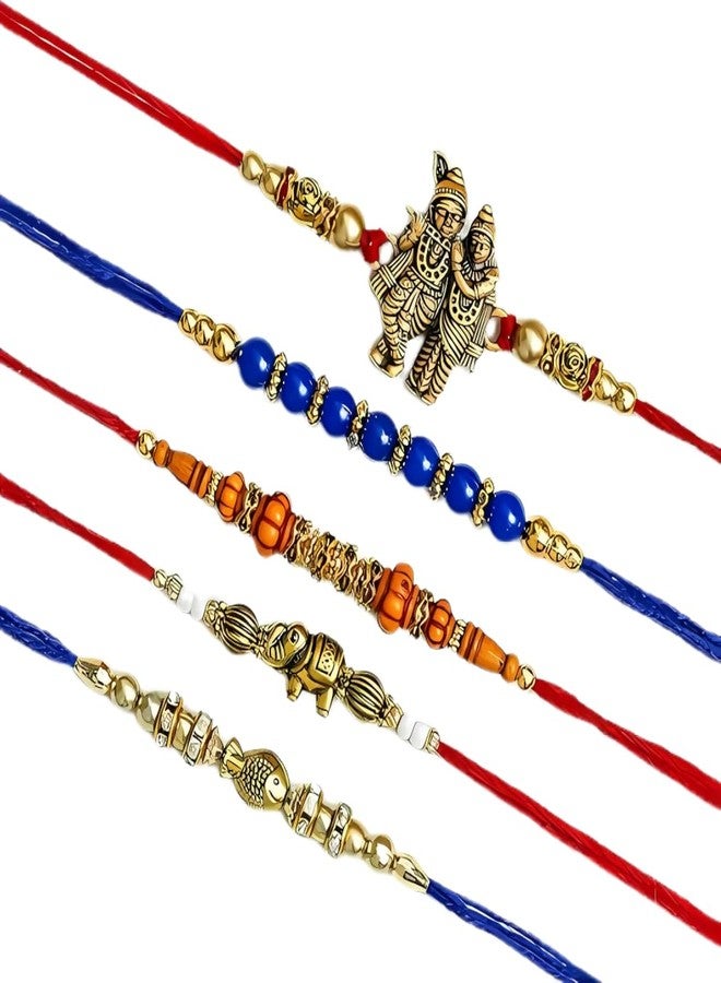 Onlinch Traditional Rakhi for Brother | Krishna, Rudraksha & Designer Beaded Rakhi Combo | Raksha Bandhan Gift with Roli & Rice | Bhaiya Rakhi Set (pack of 5) - Image 1