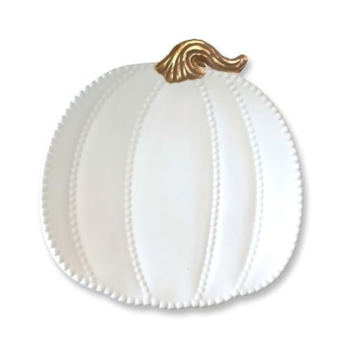 Mary Square Fall Harvest 8 Inch Glossy Textured Ceramic Appetizer Serving Dish Plate, Classic White, Gold Tone, Pumpkin Design - Image 1