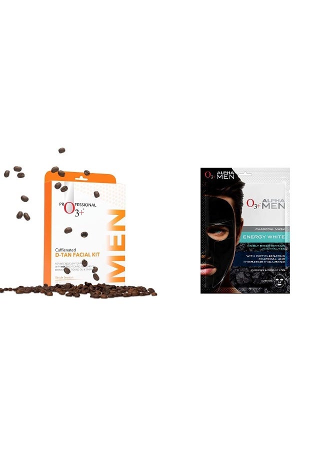 O3+‎ مجموعة O3+ لإزالة التسمير بالكافيين للوجه وقناع O3+ ALPHA MEN Energy White Charcoal للوجه بوزن 30 غرام مع الفحم وحمض الهيالورونيك المرطب لتنقية وتفتيح البشرة - Image 1