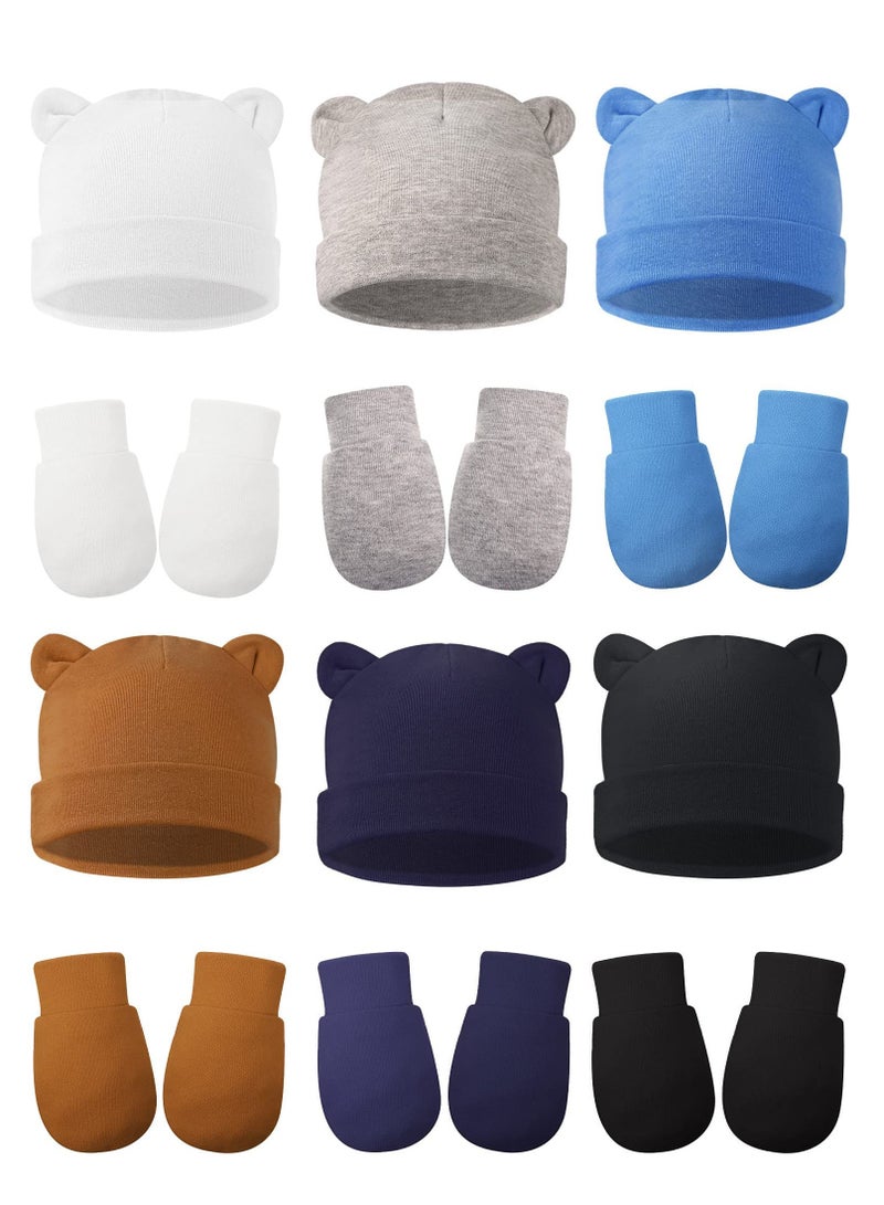 KASTWAVE Baby Fetal Cap Gloves Set, 6 Sets Newborn Cute Cotton Hospital Hat Mittens Baby Beanie Maternity Birth Accessories (White, Grey, Blue, Black, Dark Blue, Brown)  - Image 1