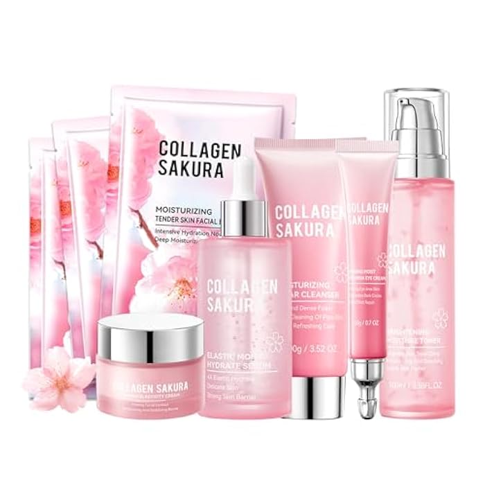 DuoZeng Sakura Skin Care Set,Moisturizing Skincare Kit with Face Cleanser,Facial Serum,Toner,Eye Cream,Face Cream and Hydrating Face Masks,Long-lasting Nourishing Skincare Set Facial Kit for Women（8pcs） - Image 1