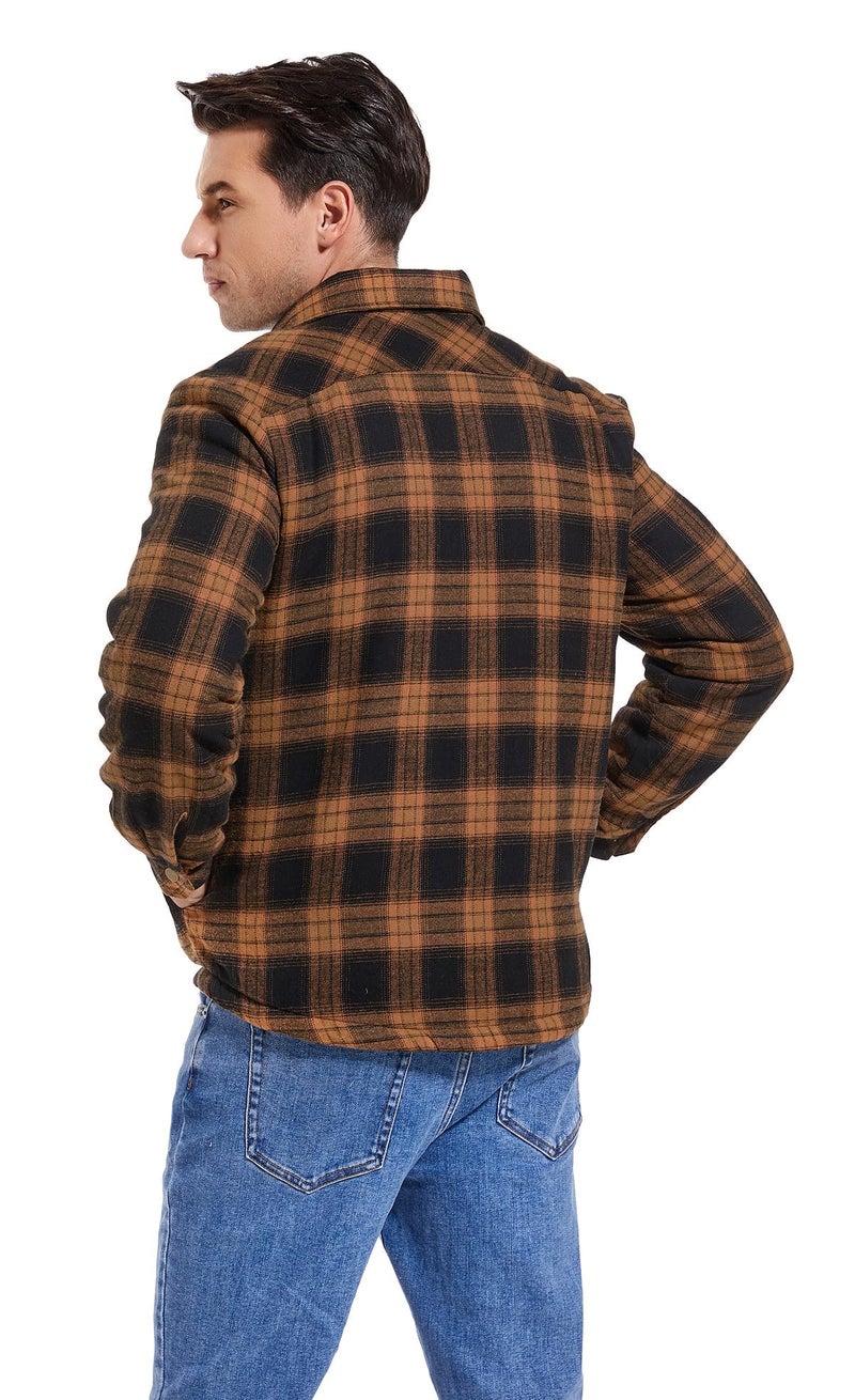 Puwasa Men's Sherpa Lined Cotton Flannel Shirt Jacket Plaid Button Up Jacket Coat for Men with Pocket Orange Small - Image 5