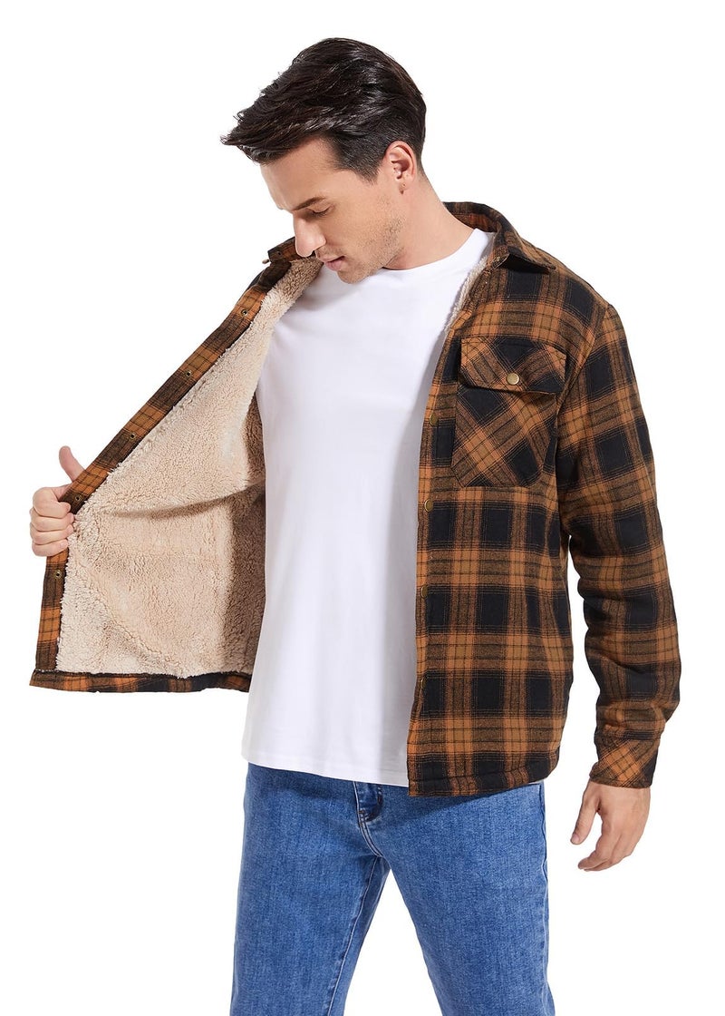 Puwasa Men's Sherpa Lined Cotton Flannel Shirt Jacket Plaid Button Up Jacket Coat for Men with Pocket Orange Small - Image 2