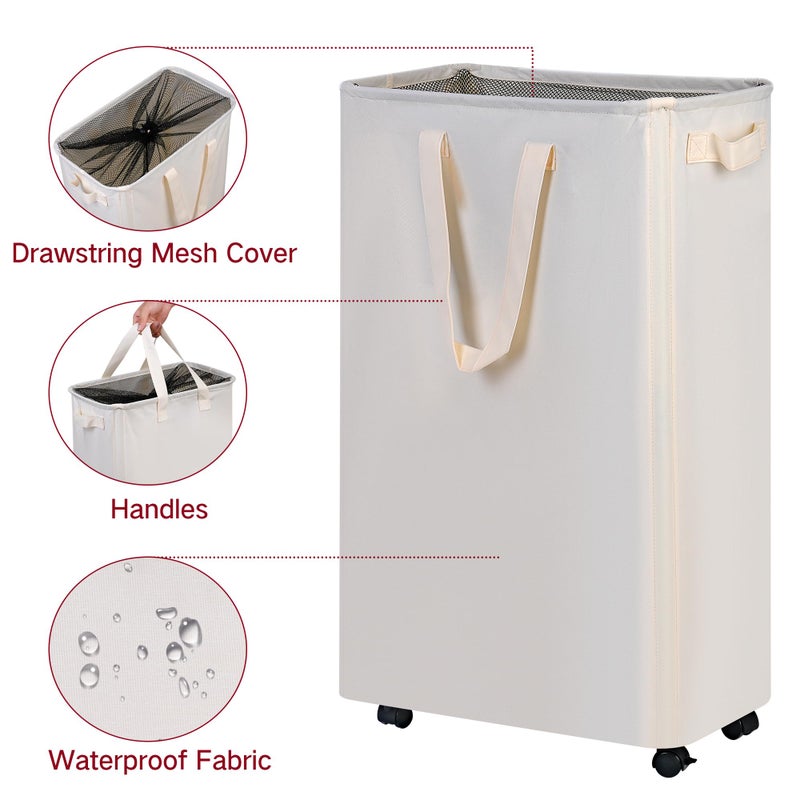 efluky Slim Laundry Hamper with Wheels, Rolling Laundry Basket for Clothes, Small Laundry Basket for Bedroom, Dorm and Laundry Room, 75L (19.8 Gallons) Beige - Image 3