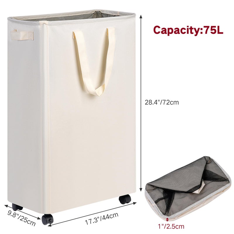 efluky Slim Laundry Hamper with Wheels, Rolling Laundry Basket for Clothes, Small Laundry Basket for Bedroom, Dorm and Laundry Room, 75L (19.8 Gallons) Beige - Image 2