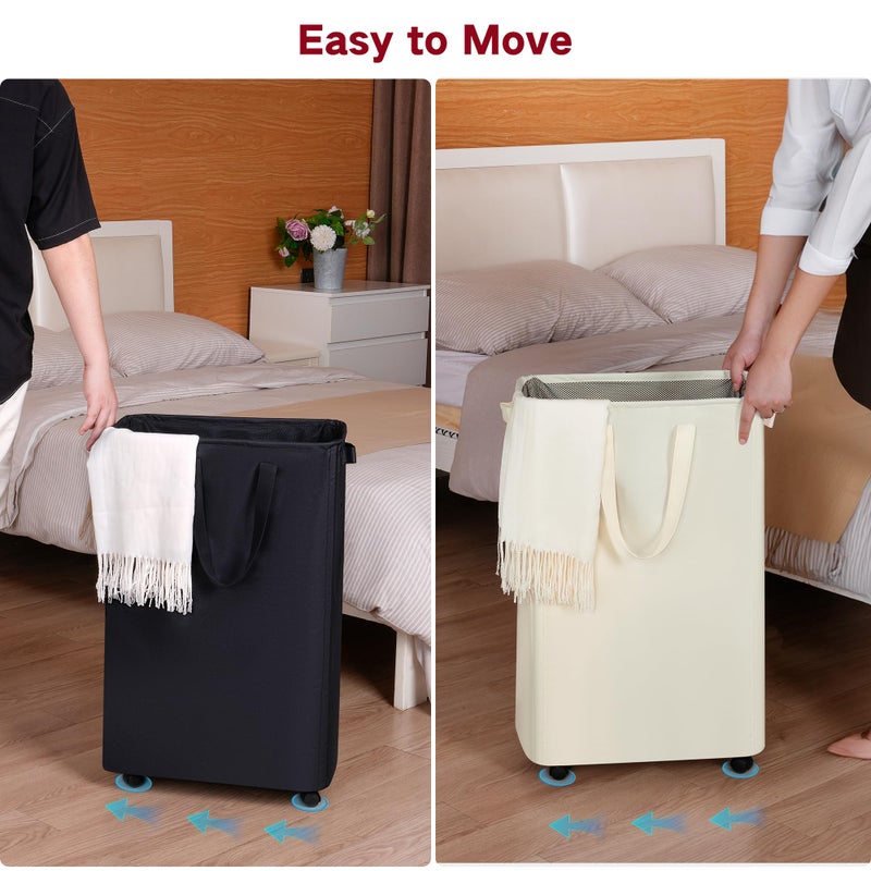 efluky Slim Laundry Hamper with Wheels, Rolling Laundry Basket for Clothes, Small Laundry Basket for Bedroom, Dorm and Laundry Room, 75L (19.8 Gallons) Beige - Image 4