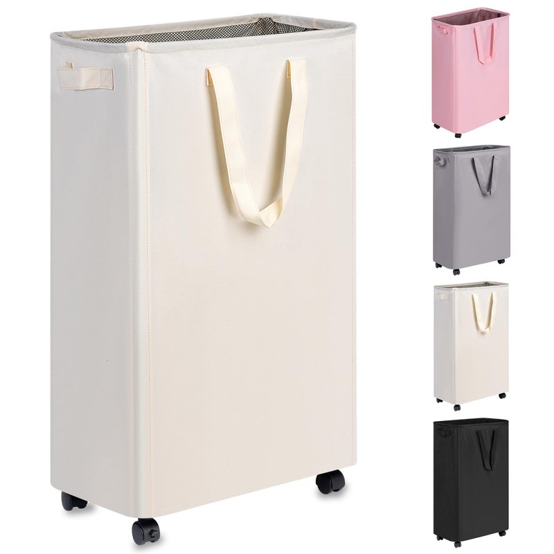 efluky Slim Laundry Hamper with Wheels, Rolling Laundry Basket for Clothes, Small Laundry Basket for Bedroom, Dorm and Laundry Room, 75L (19.8 Gallons) Beige - Image 1