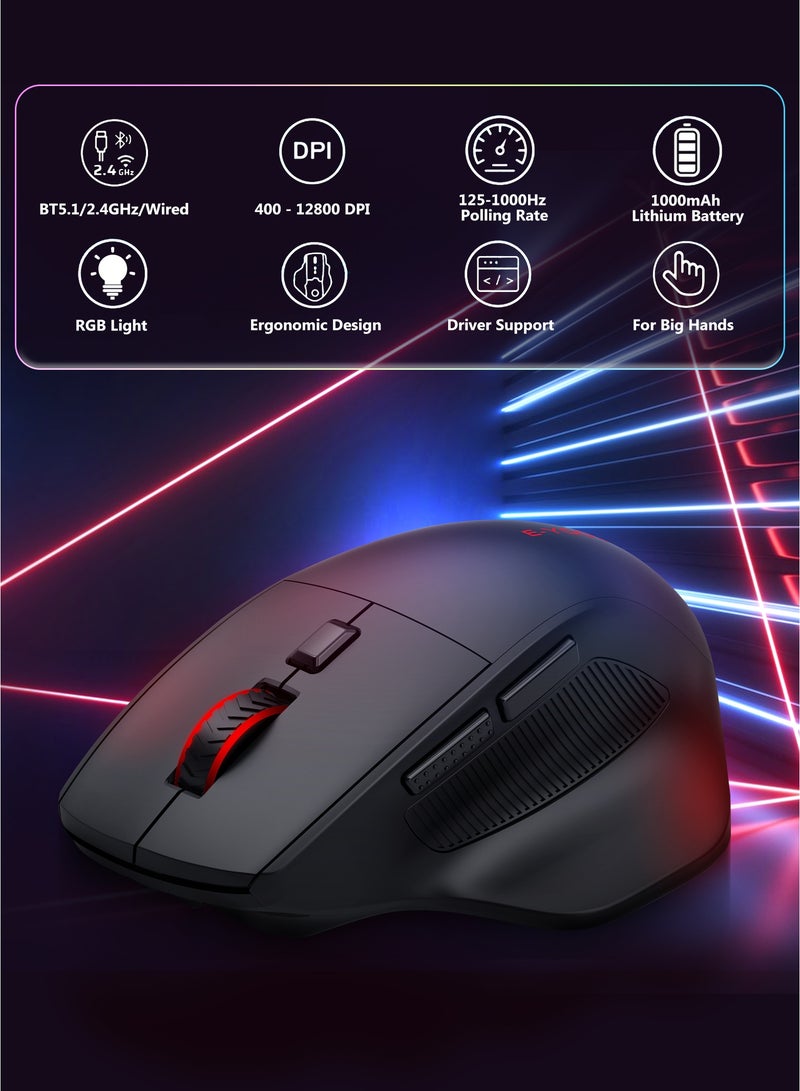 E-YOOSO X-54 Ergonomic Wireless Gaming Mouse for Large Hands, 2.4GHz/Bluetooth/Wired, Rechargeable RGB Backlit, 12800 DPI, 6 Lighting Modes, 2 Side Buttons, Programmable Macro Buttons, Compatible with Laptop, PC, Chromebook - Image 2