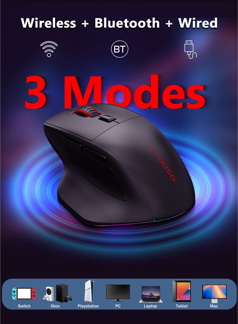 E-YOOSO X-54 Ergonomic Wireless Gaming Mouse for Large Hands, 2.4GHz/Bluetooth/Wired, Rechargeable RGB Backlit, 12800 DPI, 6 Lighting Modes, 2 Side Buttons, Programmable Macro Buttons, Compatible with Laptop, PC, Chromebook - Image 4