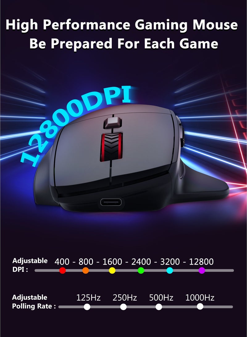 E-YOOSO X-54 Ergonomic Wireless Gaming Mouse for Large Hands, 2.4GHz/Bluetooth/Wired, Rechargeable RGB Backlit, 12800 DPI, 6 Lighting Modes, 2 Side Buttons, Programmable Macro Buttons, Compatible with Laptop, PC, Chromebook - Image 3