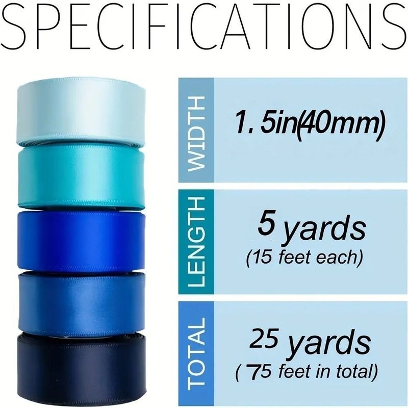 1.5 Inch Satin Ribbon Set 5 Rolls Blue 25 Yards for Gift Wrapping - Image 3