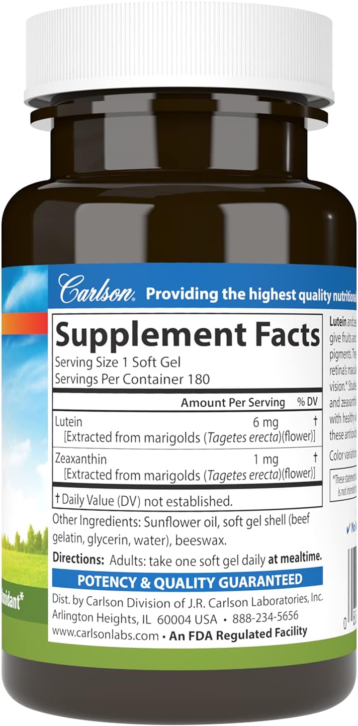 Carlson كارلسون لوتين 6 ملغ دعم الرؤية مكمل صحة العين تركيبة مضادة للأكسدة مع زياكسانثين 180 كبسولة لينة - Image 2