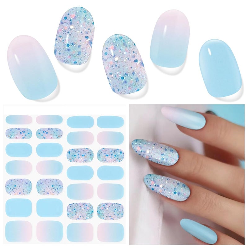 DUKASOU Semi Cured Gel Nail Strips, 28 Pcs UV Gel Nail Stickers, Long Lasting Gel Nail Strips, Salon Quality Gel Nail Wraps for Home, Includes Prep Pads, Nail File & Wood Stick(Summer Blue)
