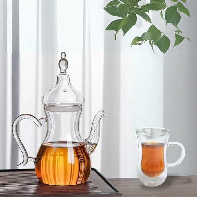 ريحني إبريق شاي زجاجي شفاف على الطراز العربي عالي البوروسيليكات مقاوم للحرارة، 1000 مل مع أكواب زجاجية مزدوجة الجدار على الطراز العربي مناسبة للشاي والقهوة من 4 قطع 100 مل - Image 5