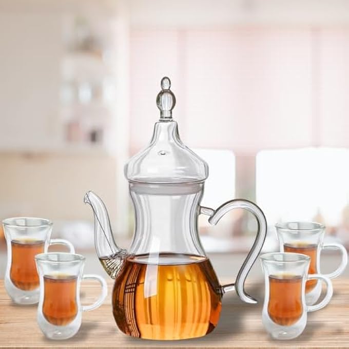 ريحني إبريق شاي زجاجي شفاف على الطراز العربي عالي البوروسيليكات مقاوم للحرارة، 1000 مل مع أكواب زجاجية مزدوجة الجدار على الطراز العربي مناسبة للشاي والقهوة من 4 قطع 100 مل - Image 1