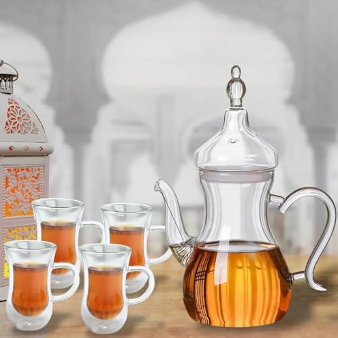 ريحني إبريق شاي زجاجي شفاف على الطراز العربي عالي البوروسيليكات مقاوم للحرارة، 1000 مل مع أكواب زجاجية مزدوجة الجدار على الطراز العربي مناسبة للشاي والقهوة من 4 قطع 100 مل - Image 4