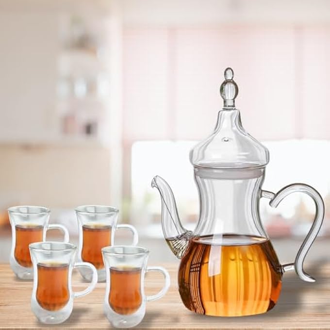 ريحني إبريق شاي زجاجي شفاف على الطراز العربي عالي البوروسيليكات مقاوم للحرارة، 1000 مل مع أكواب زجاجية مزدوجة الجدار على الطراز العربي مناسبة للشاي والقهوة من 4 قطع 100 مل - Image 3