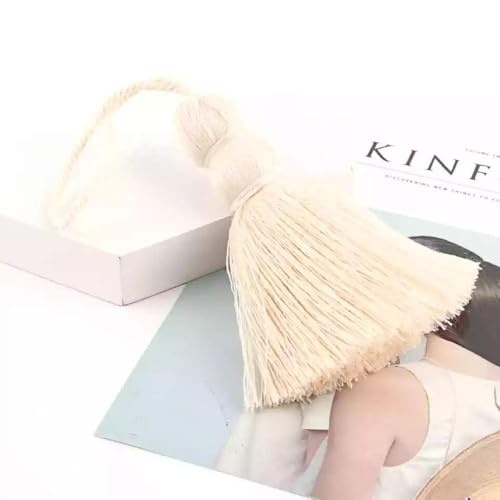 QTMY Beige Tassel Keychain for Women,Cute Boho Bag Charm Pendant Keyring Purse Handbag Decor - Image 2