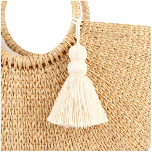 QTMY Beige Tassel Keychain for Women,Cute Boho Bag Charm Pendant Keyring Purse Handbag Decor - Image 1