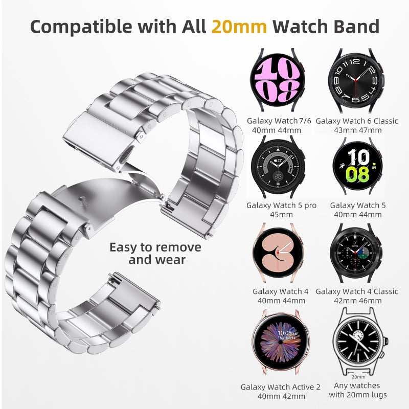 Lerobo Band Compatible with Samsung Watch 7 6 5 4 40mm 44mm Band/Galaxy Watch 4 6 Classic 42mm 46mm 43mm 47mm/Galaxy Watch 5 Pro 45m, 20mm Stainless Steel Metal Replacement for Men Women - Image 2