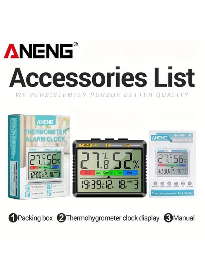 ANENG AP01 مقياس حرارة ورطوبة رقمي أسود مع منبه ومؤشر راحة - Image 1