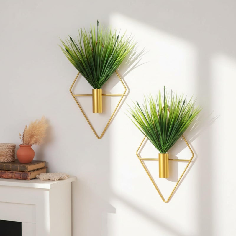Canlierr 2 Pieces Gold Wall Decor Hanging Planters with Artificial Plants Metal Vase Indoor Plants Holder Modern Geometric Wall Art for Home Bathroom Bedroom Living Room Office(Aquatic Plant,Small) - Image 1