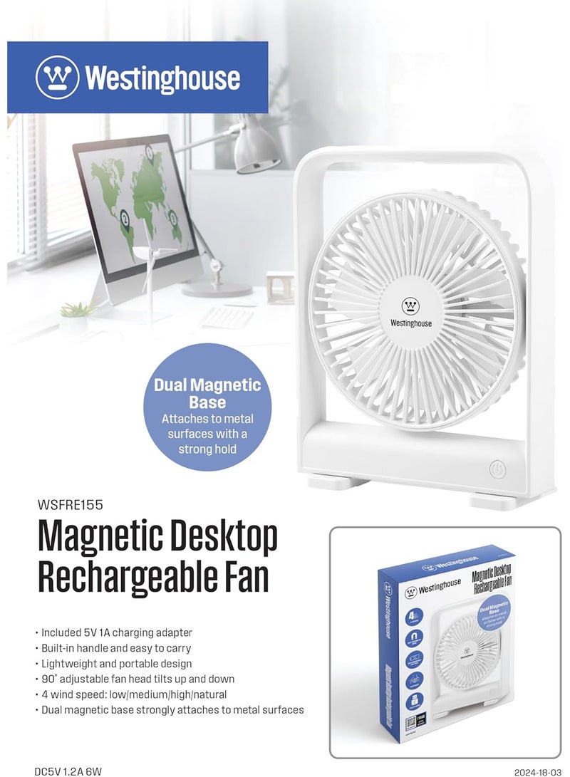 Westinghouse مروحة مكتب قابلة لإعادة الشحن - مروحة USB - مروحة مكتب قابلة لإعادة الشحن بسرعة 4 مع قاعدة مغناطيسية، تصميم مدمج ونحيف، تشغيل هادئ، مثالية للمنزل، المكتب، السفر – 191 مم × 148 مم - Image 3