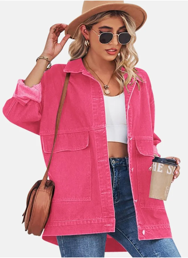 يونيكي Pink Collared Long Sleeve Denim Jacket