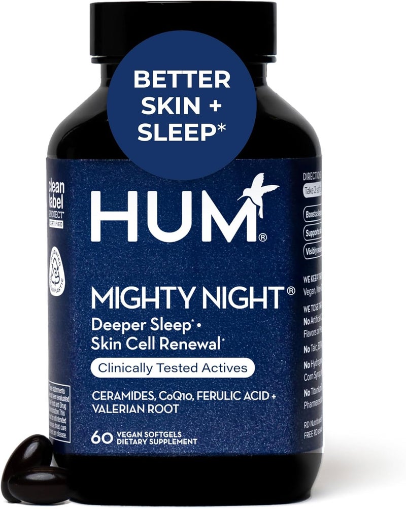 HUM Mighty Night  Nighttime Supplement for Skin  CoQ10  Ferulic Acid to Promote Skin Cell Turnover  Overnight Beauty Vitamins for Women 60Count - Image 1