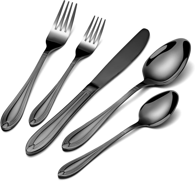 TIVOLI 40 Piece Black Silverware Set for 8 Stainless Steel Flatware Serving Sets Mirrored Polishing Cutlery Set Include Knife Fork and Spoon for Home Kitchen Wedding Housewarming Gift - Image 1