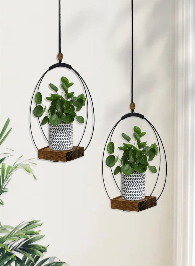 hismocal 2 Pack Hanging Planter for Indoor Plants, Black Plant Hanger with Sturdy Wood Base, Modern Boho Macrame Hanger, Wall Ceiling Window Planter (Plants/Pots Not Included) - Image 5
