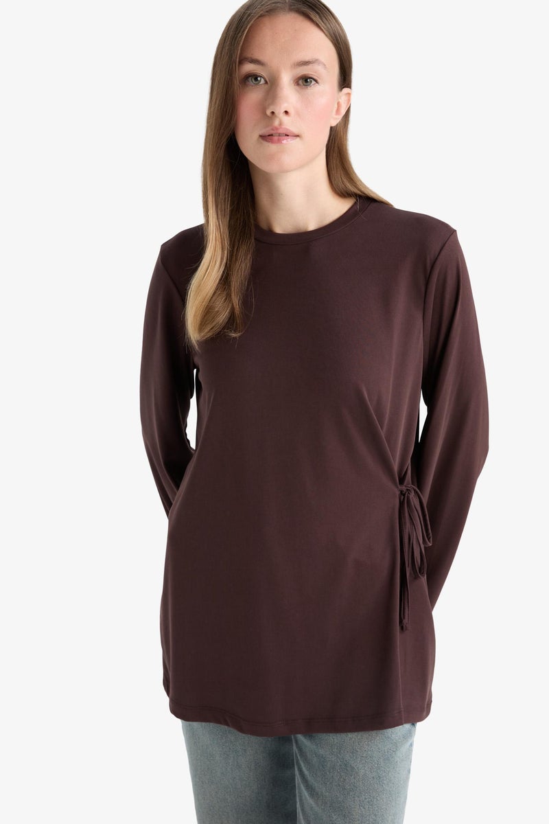 DeFacto Brown Woman Regular Fit Modal Long Sleeve Tunic Casual - Image 3