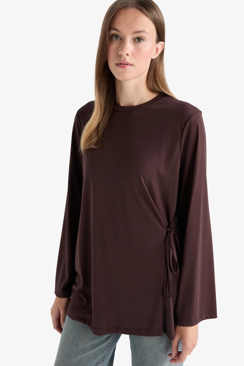 DeFacto Brown Woman Regular Fit Modal Long Sleeve Tunic Casual - Image 4
