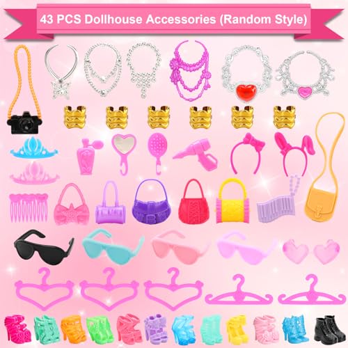 BARWA 53 pcs Doll Clothes and Accessories 10 pcs Party Dresses with 42 pcs Shoes, Crown, Necklace, Hangers, Bags, Accessories for 11.5 inch Doll - Image 3