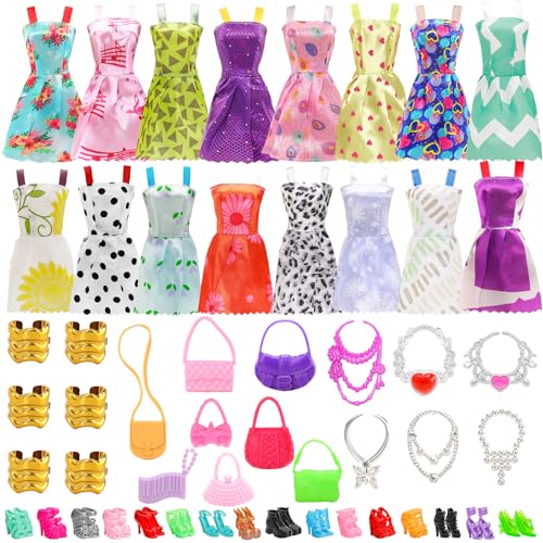 BARWA 53 pcs Doll Clothes and Accessories 10 pcs Party Dresses with 42 pcs Shoes, Crown, Necklace, Hangers, Bags, Accessories for 11.5 inch Doll - Image 4