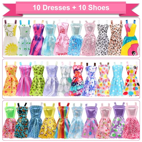 BARWA 53 pcs Doll Clothes and Accessories 10 pcs Party Dresses with 42 pcs Shoes, Crown, Necklace, Hangers, Bags, Accessories for 11.5 inch Doll - Image 2