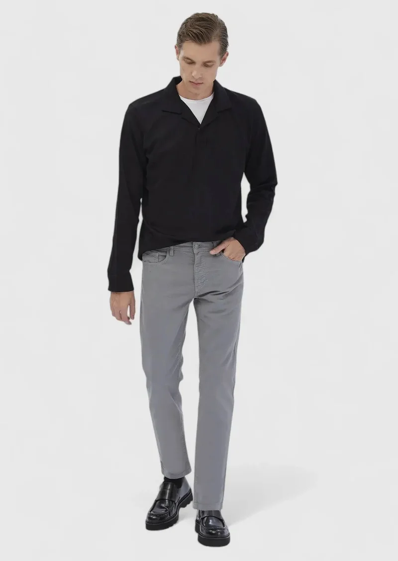 RAMSEY Grey Weaving Slim Fit Casual Cotton Blended Trousers