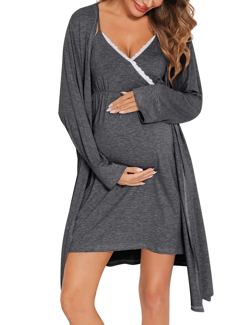 SWOMOG Womens Maternity Robe 2PCS Nursing Nightgown for Breastfeeding 3 in 1 Labor Delivery Nursing Robe Set Lace Bathrobe - Image 1