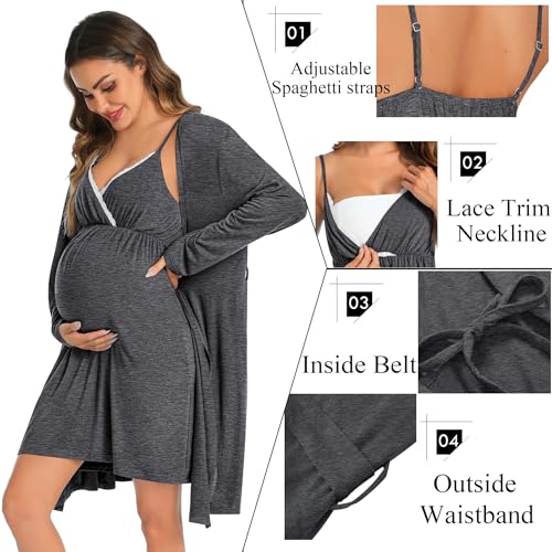 SWOMOG Womens Maternity Robe 2PCS Nursing Nightgown for Breastfeeding 3 in 1 Labor Delivery Nursing Robe Set Lace Bathrobe - Image 2