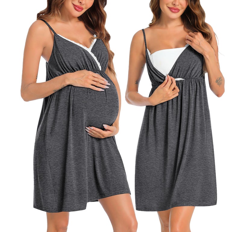 SWOMOG Womens Maternity Robe 2PCS Nursing Nightgown for Breastfeeding 3 in 1 Labor Delivery Nursing Robe Set Lace Bathrobe - Image 3