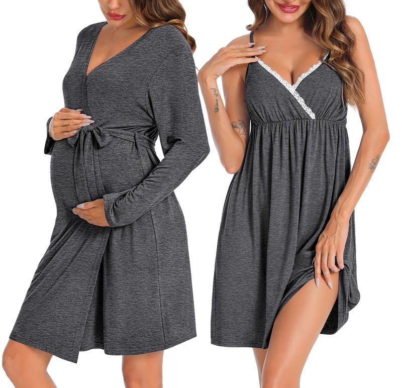 SWOMOG Womens Maternity Robe 2PCS Nursing Nightgown for Breastfeeding 3 in 1 Labor Delivery Nursing Robe Set Lace Bathrobe - Image 4