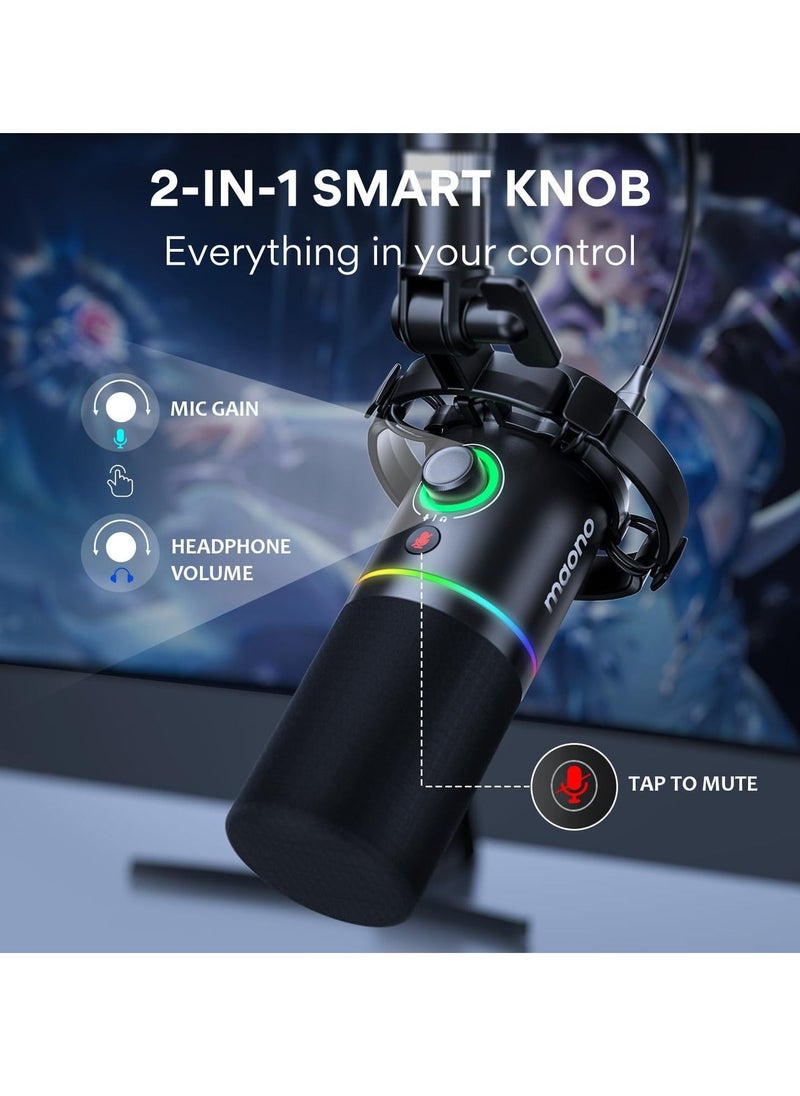 Maono Podcast Microphone XLR/USB PC Dynamic Mic with Software for Recording Streaming Gaming and Voice-Over Metal Mic Tap-to-Mute Headphone Jack Gain Knob Volume Control PD200X Black  - Image 4