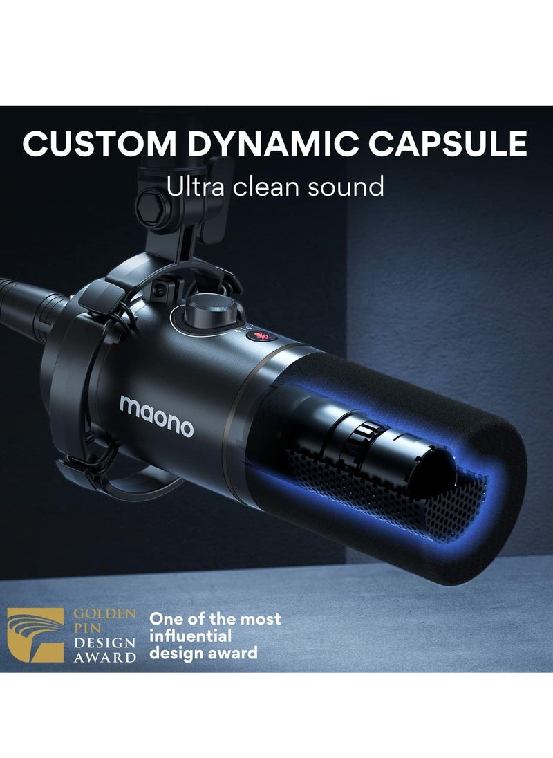 Maono Podcast Microphone XLR/USB PC Dynamic Mic with Software for Recording Streaming Gaming and Voice-Over Metal Mic Tap-to-Mute Headphone Jack Gain Knob Volume Control PD200X Black  - Image 5