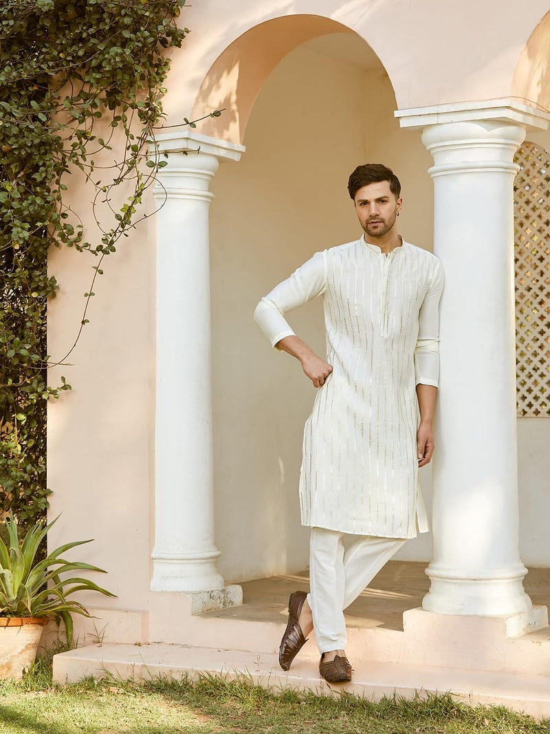 See Designs Men Full Sleeve Off White and Gold Chanderi Silk Sequins Mandarin Collar Side Slit Kurta - SDKT2422L - Image 4