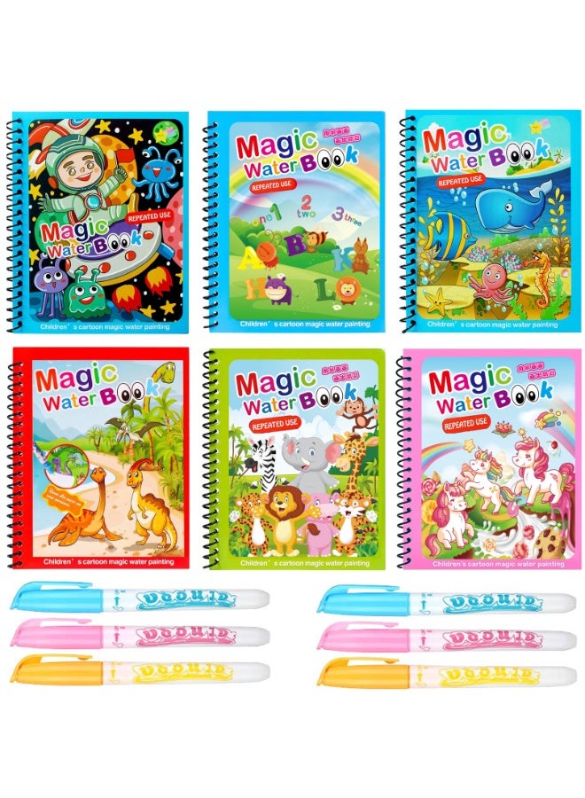 HEADVANA 6Pack Water Colouring Book, Water Coloring Magic Book,Reusable Cartoon Water Paint Book with 6 Pens - Image 1