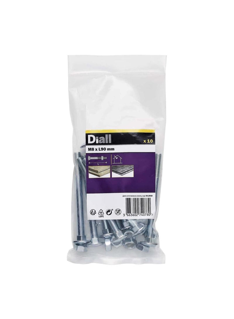 Dial Zinc Plated Carbon Steel Square Coach Nut And Bolt Pack M8 X 90 Mm 10 Piece