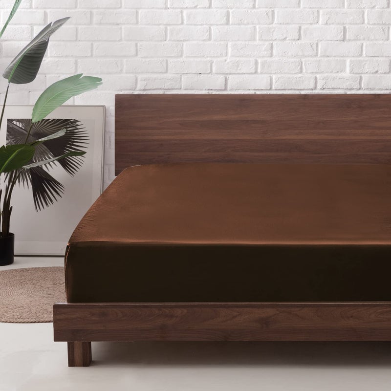 MR&HM MR&HM Satin Fitted Sheet California King Size  Silky Bottom Sheet with Elastic Corner Straps  Deep Pocket up to 15 Inch  No More Slipping Off for Mattress - 1 Fitted Sheet Only (Brown)  - Image 1