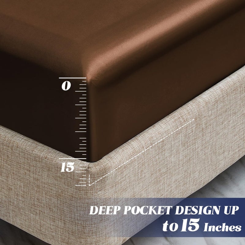 MR&HM MR&HM Satin Fitted Sheet California King Size  Silky Bottom Sheet with Elastic Corner Straps  Deep Pocket up to 15 Inch  No More Slipping Off for Mattress - 1 Fitted Sheet Only (Brown)  - Image 4