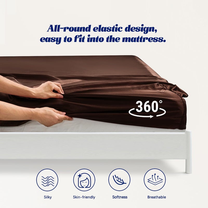 MR&HM MR&HM Satin Fitted Sheet California King Size  Silky Bottom Sheet with Elastic Corner Straps  Deep Pocket up to 15 Inch  No More Slipping Off for Mattress - 1 Fitted Sheet Only (Brown)  - Image 5