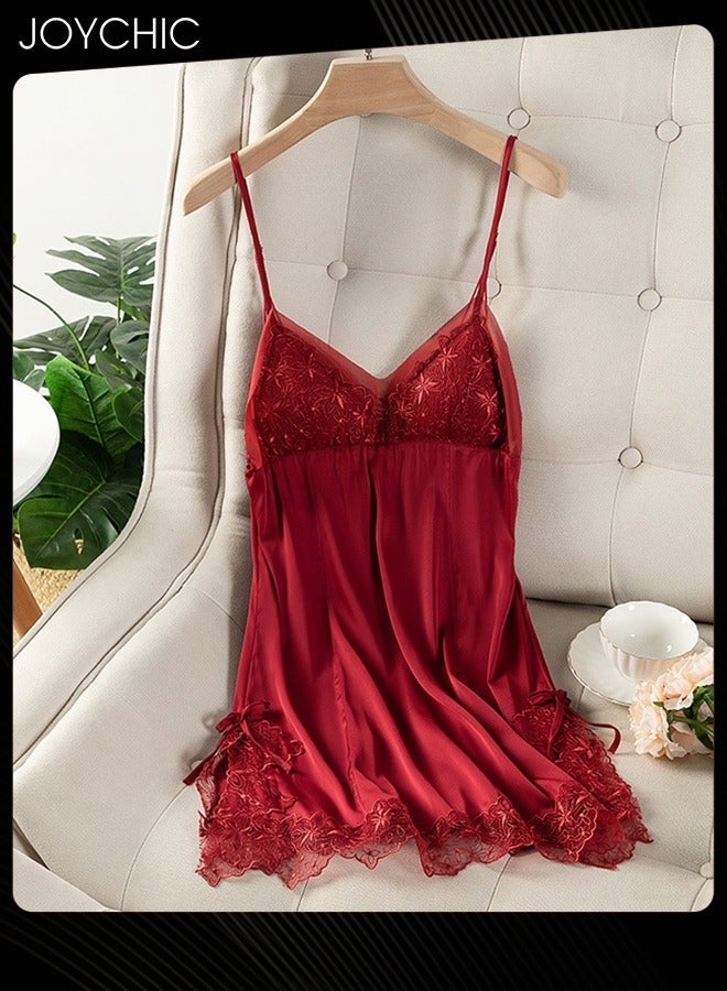 Joychic Solid Colour Sweet Pajamas for Women Spring and Autumn Ice Silk Breathable Suspenders Nightgown Backless Evening Dress with Adjustable Straps Wine Red - Image 1